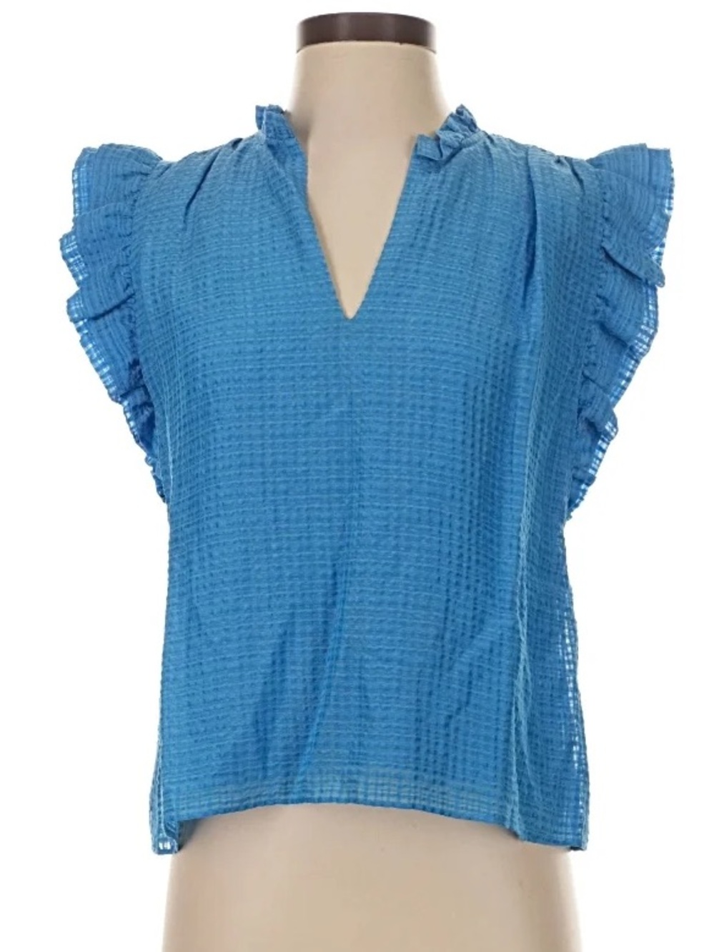 Marie Oliver Blue Linen Silk Blend Ruffle V-Neck Flutter Sleeve Blouse Top Small
